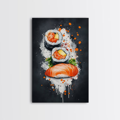 Abstract Oil Painting Canvas Print of Sushi on Black background, Food Review Kitchen Art, Kitchen Decor, Wabi Sabi Wall Art, Sushi Painting