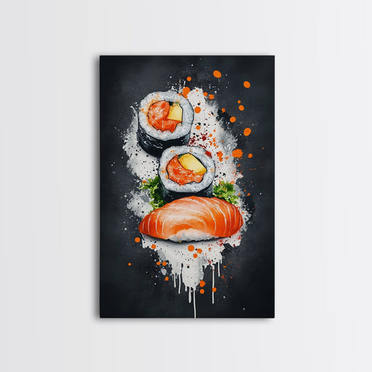 Abstract Oil Painting Canvas Print of Sushi on Black background, Food Review Kitchen Art, Kitchen Decor, Wabi Sabi Wall Art, Sushi Painting