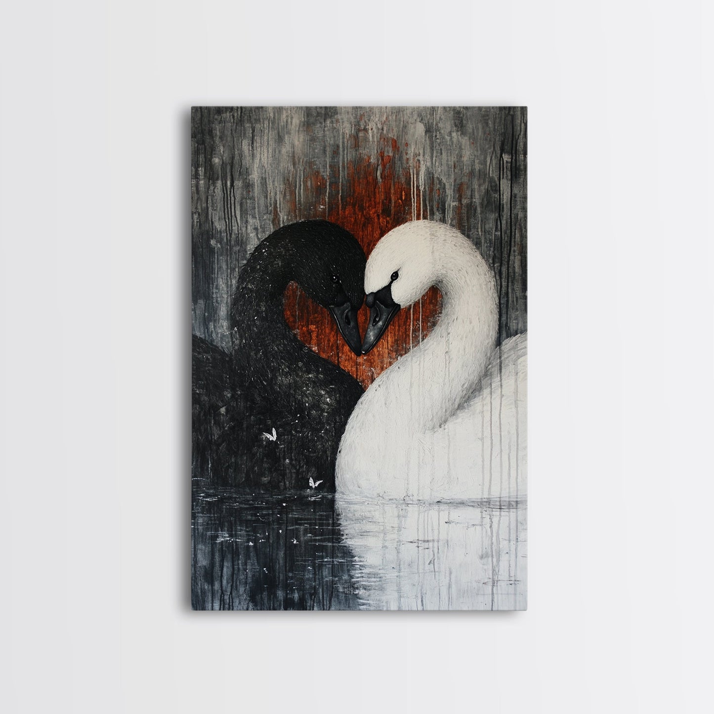 Two Swans in Love, Framed Canvas Print, Goth Decor, Wedding Gift Idea, Engagement Gift, Gift For Couples, Swan Painting, Swan Art