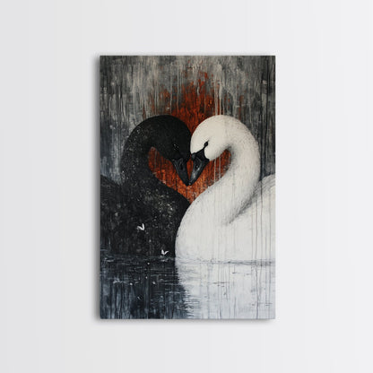 Two Swans in Love, Framed Canvas Print, Goth Decor, Wedding Gift Idea, Engagement Gift, Gift For Couples, Swan Painting, Swan Art