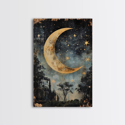 Mystical Moon Painting Print, Folk Art Canvas Print, Eerie Atmospheric Wall Art, Subdued and Moody Home Decor, Crescent Moon Painting