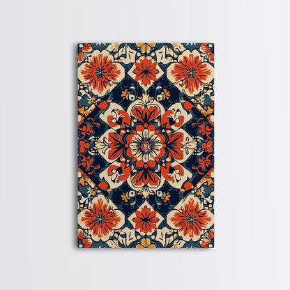 Floral Pattern Wall Art, Mexican Tile Pattern Framed Canvas Print, Chicano Art, Textile Inspired Wall Art, Southwestern Pueblo Style Art