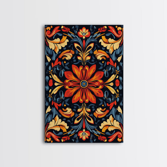 Botanical Floral Tile Pattern Framed Canvas Print, Southwestern Decor, Modern Farmhouse, Pueblo Style Art, Mexicano Chicano Art