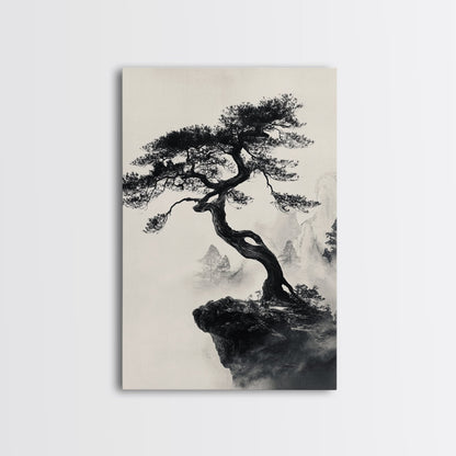 Bonzai Tree on a Cliff Wabi Sabi Painting Print, Wood Framed Wall Art, Bonzai Tree Art, Japanese Style Artwork