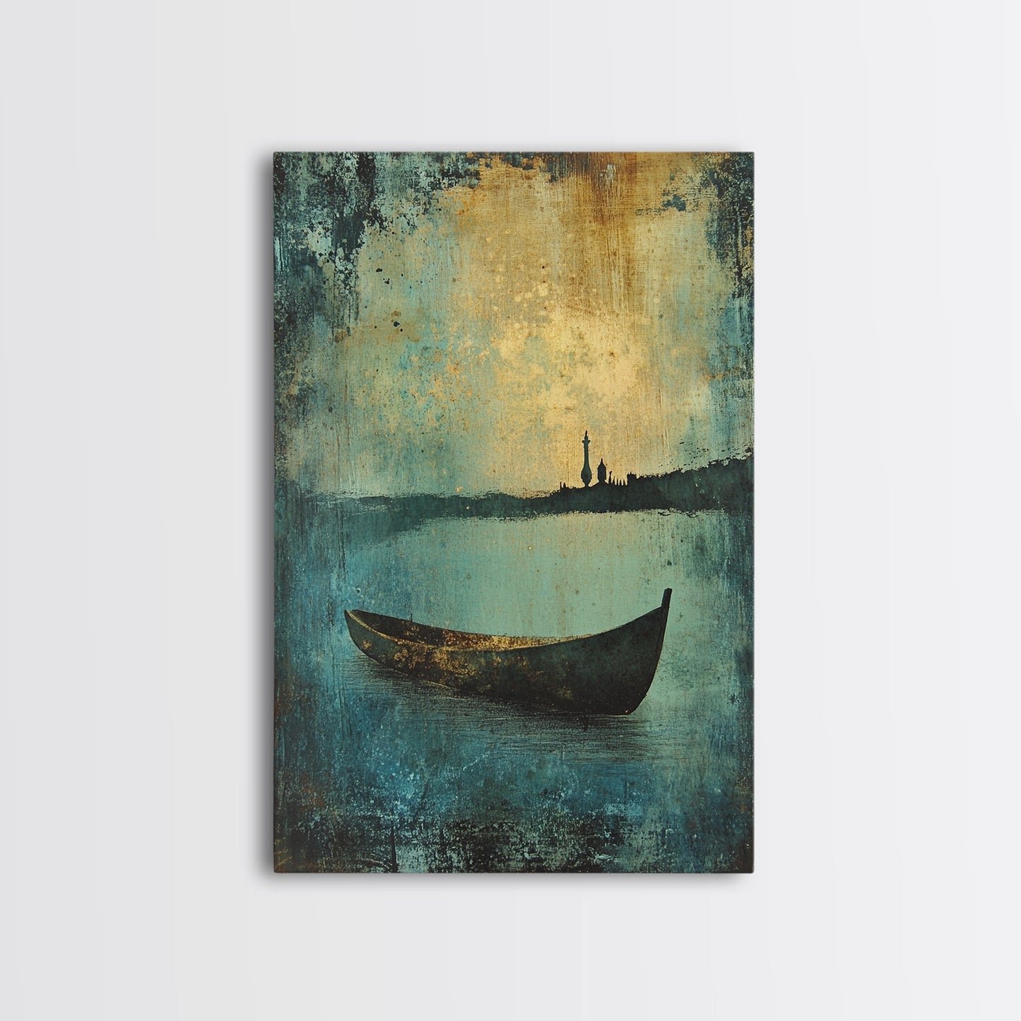 Canoe on the Lake Framed Canvas Print, Nautical Decor, Lakehouse Art, Abstract Lakehouse Painting, Lake Decor