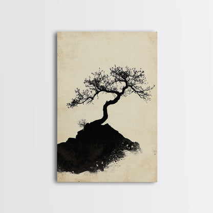Black and White Charcoal Sketch Print of a Bonzai Tree, Framed Canvas Print, Wabi Sabi Art, Wabi Sabi Painting, Minimalist Home Decor