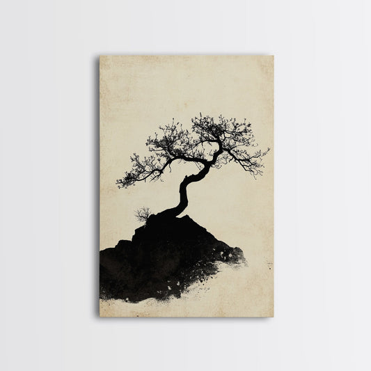Black and White Charcoal Sketch Print of a Bonzai Tree, Framed Canvas Print, Wabi Sabi Art, Wabi Sabi Painting, Minimalist Home Decor