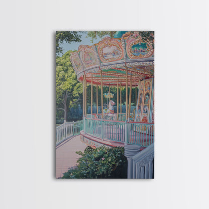 Nursery Decor Framed Canvas Print, Wall Decor for Girl's Room, Carrousel Oil Painting, Oil Painting of a Carrousel