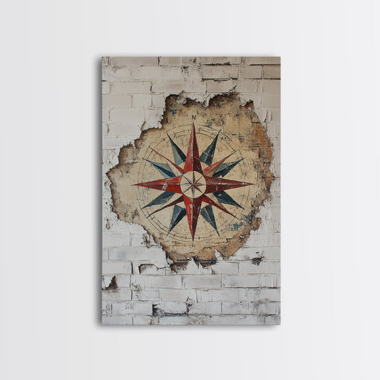 The Compass Rose Behind The Wall Framed Canvas Print, Beach Wall Decor, Travel Decor, Vacation Gift Idea