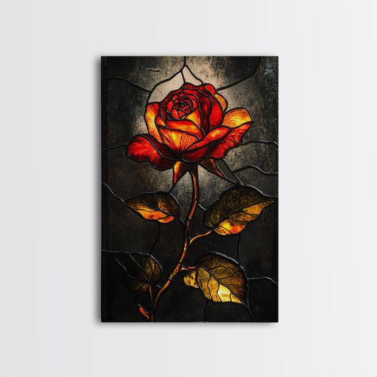 Canvas Print of a Rose in Stained Glass, Rose Painting Print, Rose Wall Art, Rose Decor, Vintage Flower, French Country Home Decor, Wall Art