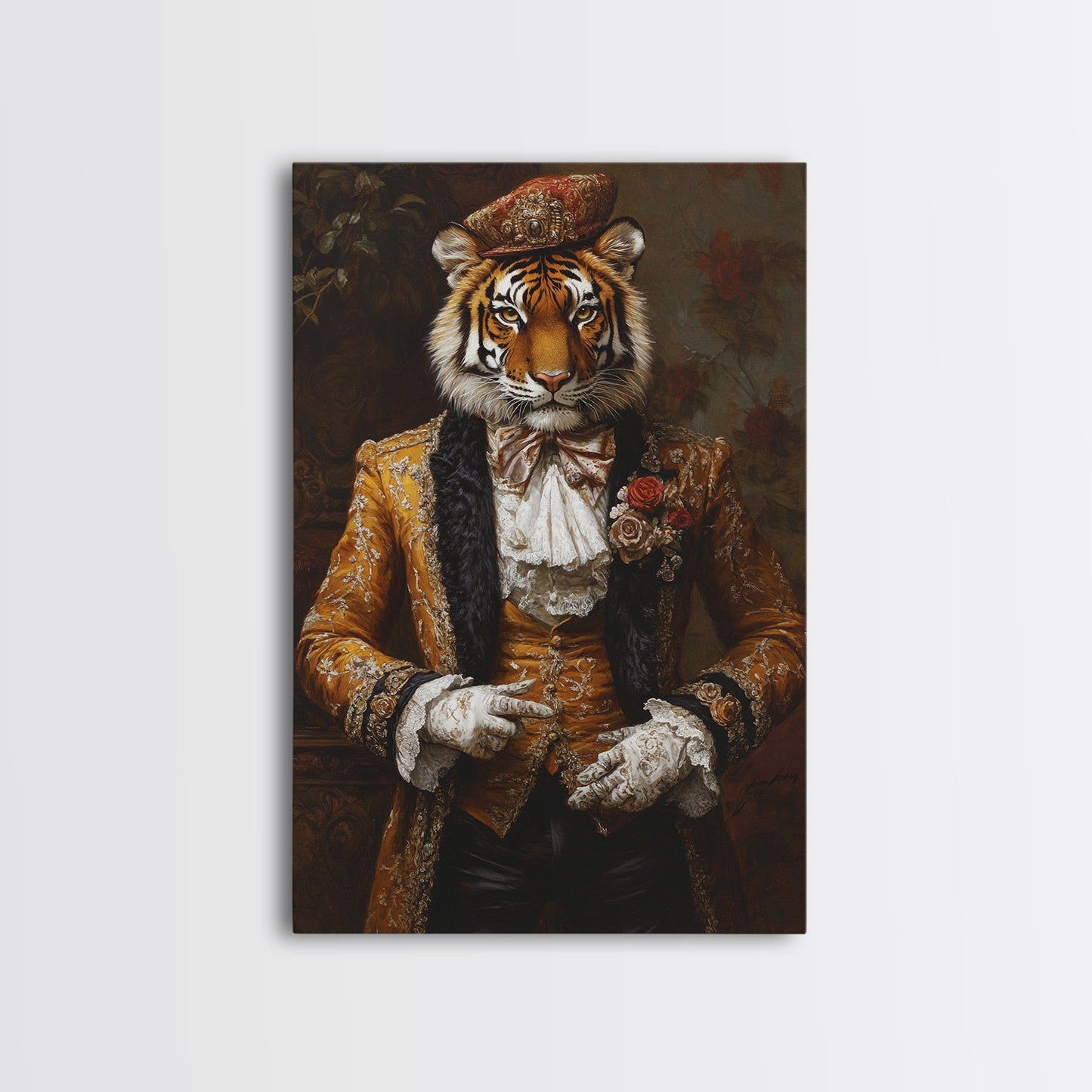 The Dapper Tiger Gentleman Portrait Framed Canvas Print, Whimsical Home Decor, Eclectic Decor, Kitsch Wall Art, Preppy Wall Art, Glam Decor
