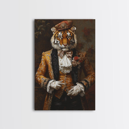 The Dapper Tiger Gentleman Portrait Framed Canvas Print, Whimsical Home Decor, Eclectic Decor, Kitsch Wall Art, Preppy Wall Art, Glam Decor