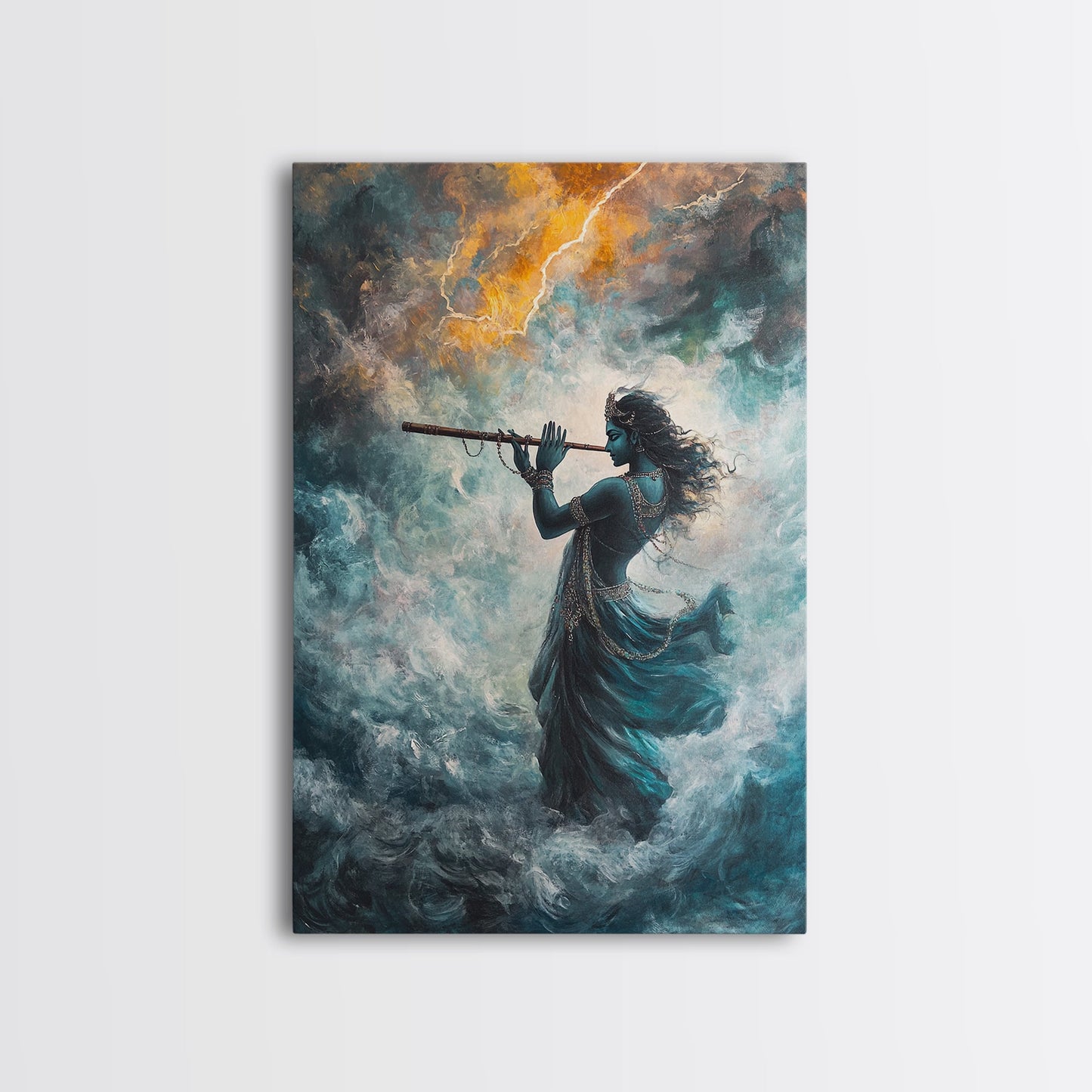 Hindu Art, Radha Krishna Playing Flute Painting Print, Hinduism Wall Art Wood Framed Canvas Print