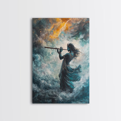 Hindu Art, Radha Krishna Playing Flute Painting Print, Hinduism Wall Art Wood Framed Canvas Print