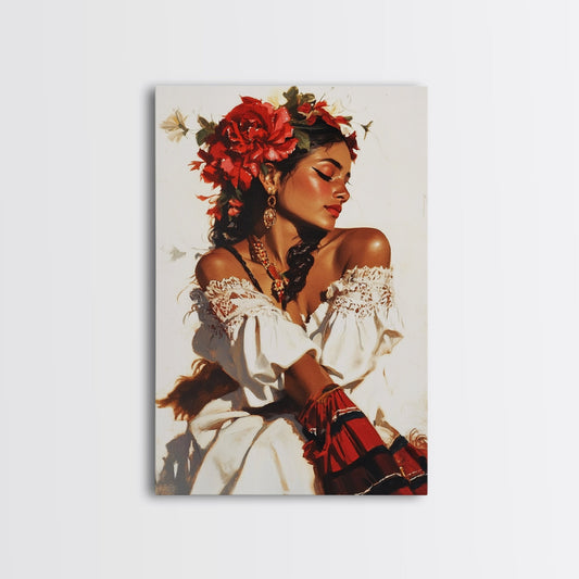 Mexican Floral Latina Portrait Canvas Print, Romatic Mariachi Wall Decor, Southwestern Modern Art, Rustic Mexicano Wall Art, Chicano Painting