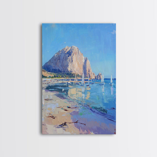 Morro Bay California Wall Art Framed Canvas Print, California Decor, California Painting Wall Art, Oil Painting of Morro Bay Nautical Decor