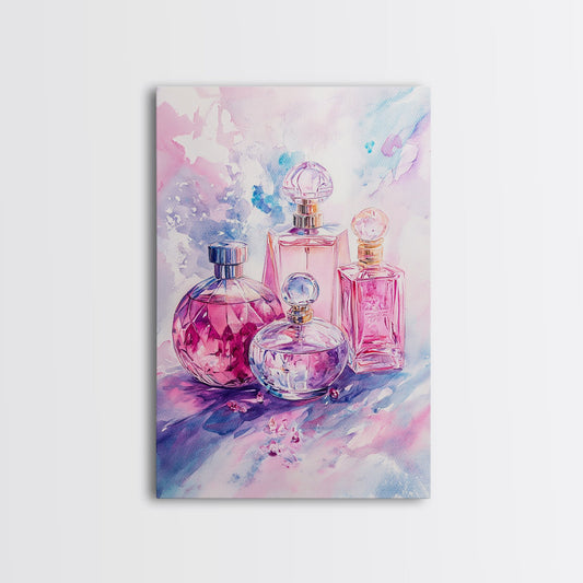 Preppy Wall Art Perfume Bottles Canvas Print, Dorm Room Decor, Gift For Her, College Gift Wall Art, Watercolor Painting of Perfume Bottles