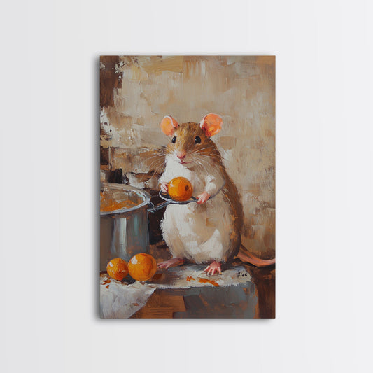 Rats with Jobs, Framed Canvas Print, Rat Painting, The Rat Chef, Cute Rat Home Decor, Rat Cooking Stew
