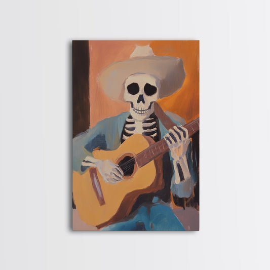 Canvas Print of a Sekelton Cowboy Guitar Player - Chicano Art - Wood Framed Canvas - Original Art