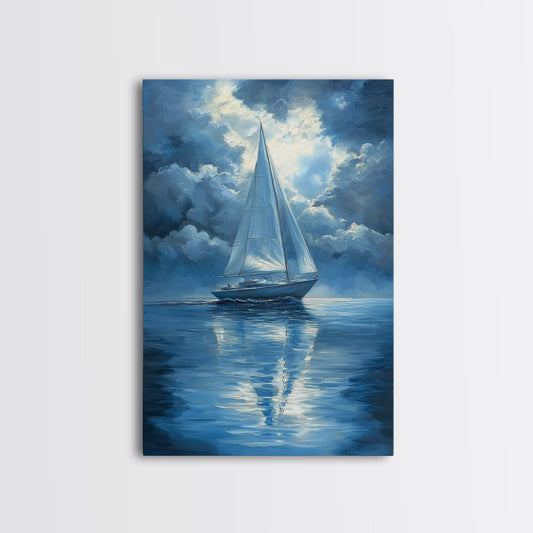 Reflections of a Sail Boat under a Full Moon Framed Canvas Print, Nautical Decor, Sail Boat Oil painting, Sailboat Painting, Nautical Home Decor