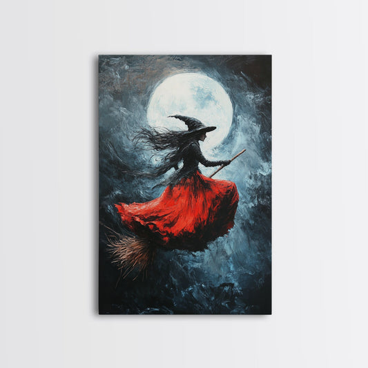 The Witch Rides her Broom under a full moon - Framed Canvas Print - Witchy Decor - Witch Painting - Halloween Wall Art