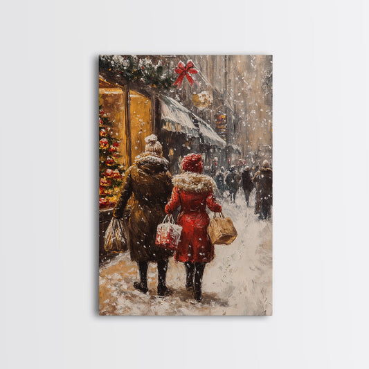 Christmas Village Wall Art, Christmas Shoppers Shopping Framed Canvas Print, Vintage Christmas Home Decor, Christmas Seasonal Wall Art