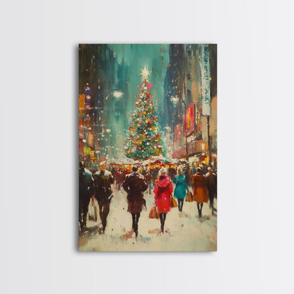 Christmas on The Town Square Framed Canvas Print, Wood Framed Christmas Decor, Holiday Mantle Art, Christmas Centerpiece Wall Art