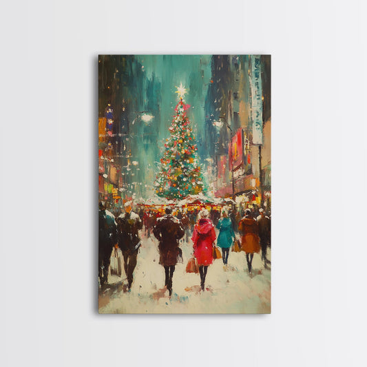 Christmas on The Town Square Framed Canvas Print, Wood Framed Christmas Decor, Holiday Mantle Art, Christmas Centerpiece Wall Art