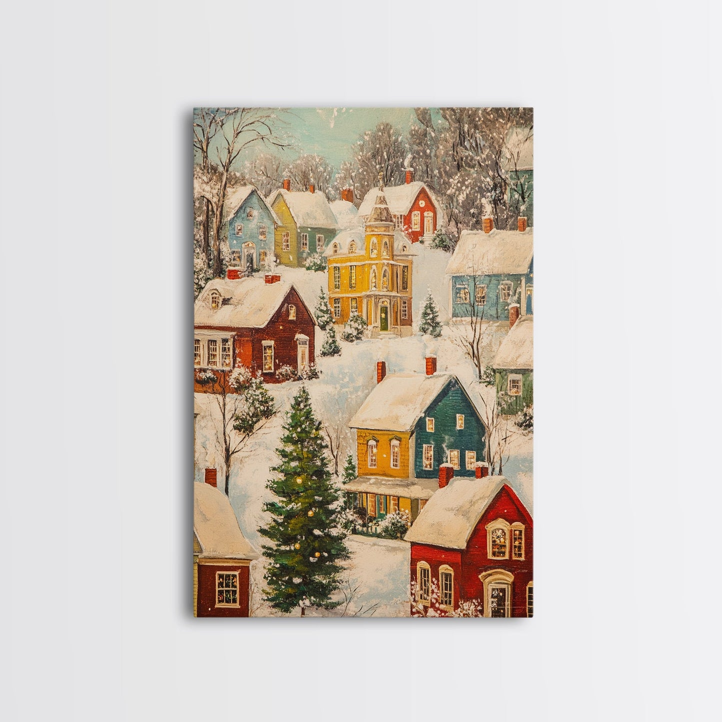 Retro Christmas Village Wall Art For Above Mantle, Framed Canvas Print, Christmas Home Decor, Christmas Wall Art, Christmas Postcard Art
