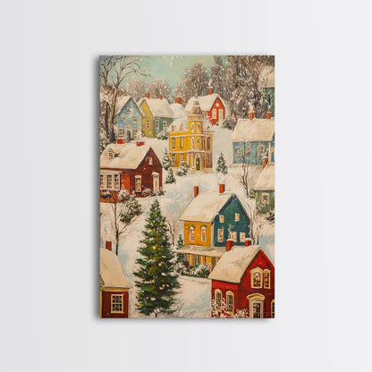 Retro Christmas Village Wall Art For Above Mantle, Framed Canvas Print, Christmas Home Decor, Christmas Wall Art, Christmas Postcard Art