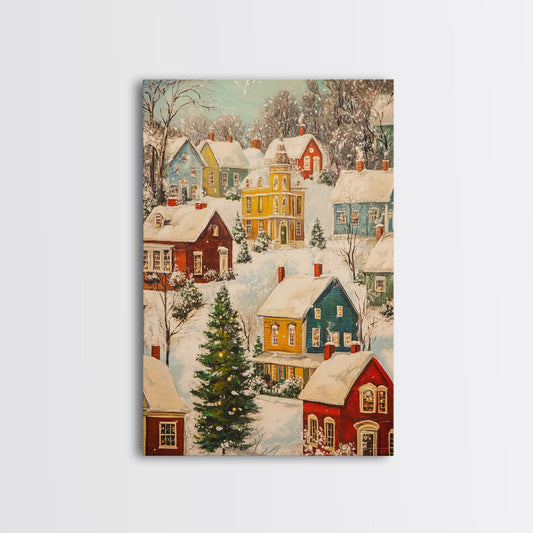 Retro Christmas Village Wall Art For Above Mantle, Framed Canvas Print, Christmas Home Decor, Christmas Wall Art, Christmas Postcard Art
