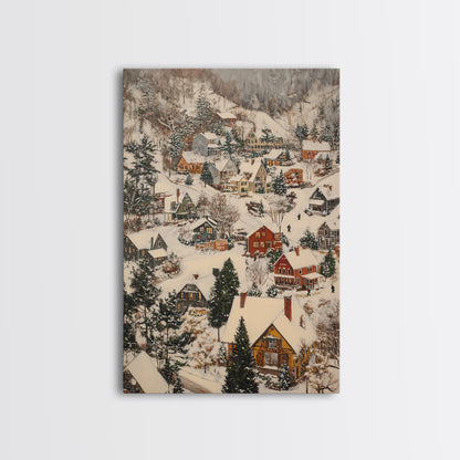 Christmas Village Covered in Snow, Framed Canvas Print, Christmas Oil painting print, Vintage Christmas Art Print, Christmas Wall Art