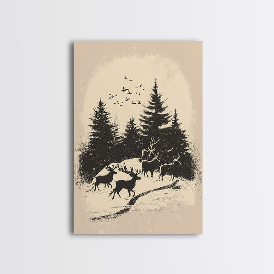 Sketch of Reindeer In The Snow Canvas Print - Framed Canvas - Minimalist Christmas Art - Boho Christmas Art - Rustic Christmas Art