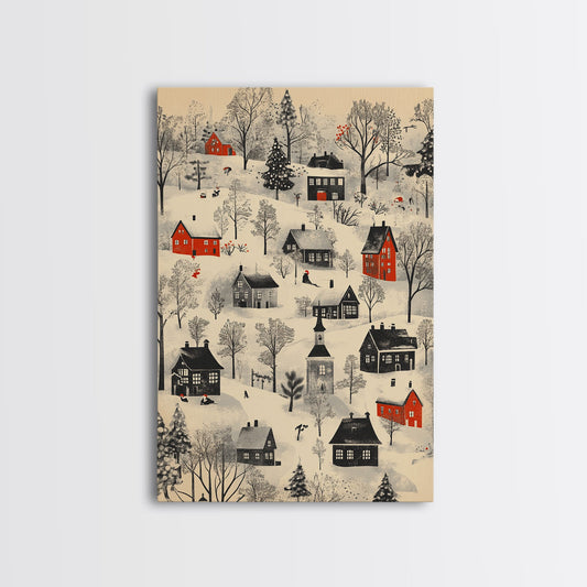 Sketch of a Christmas Village Canvas Print - Framed Canvas - Minimalist Christmas Art - Boho Christmas Art - Rustic Christmas Art