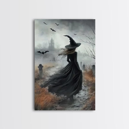 Gothic Oil Painting Print Of a Witch in a Grave Yard, Framed Canvas Print, Dark Academia, Gothic Art, Goth Decor, Halloween Wall Art
