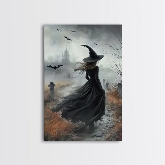 Gothic Oil Painting Print Of a Witch in a Grave Yard, Framed Canvas Print, Dark Academia, Gothic Art, Goth Decor, Halloween Wall Art