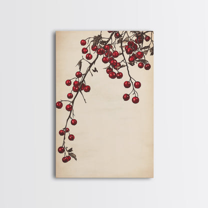 Red Holly Berries Canvas Print - Framed Canvas - Minimalist Christmas Art - Boho Christmas Art - Rustic Christmas Art