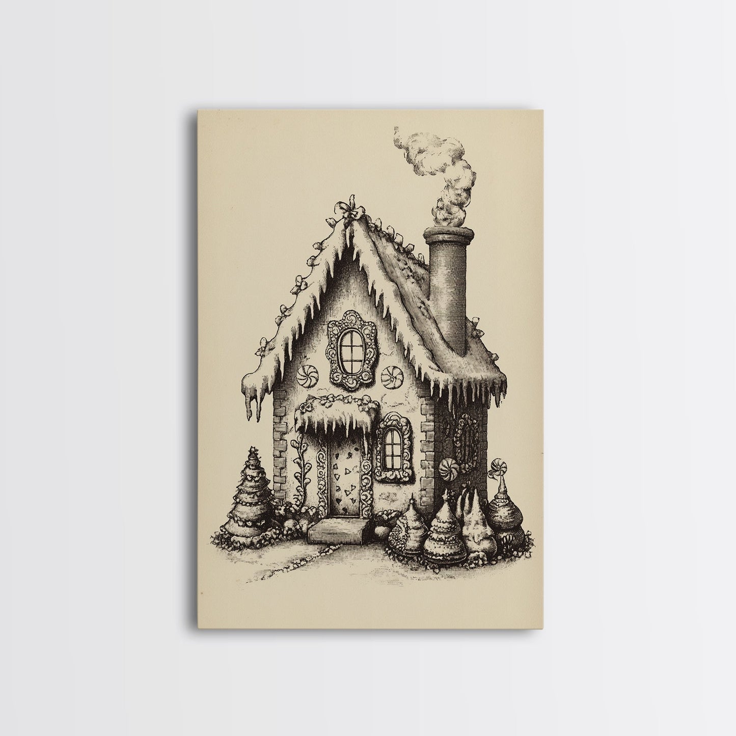 Vintage Gingerbread House Canvas Print - Framed Canvas - Minimalist Christmas Art - Boho Christmas Art - Rustic Christmas Art