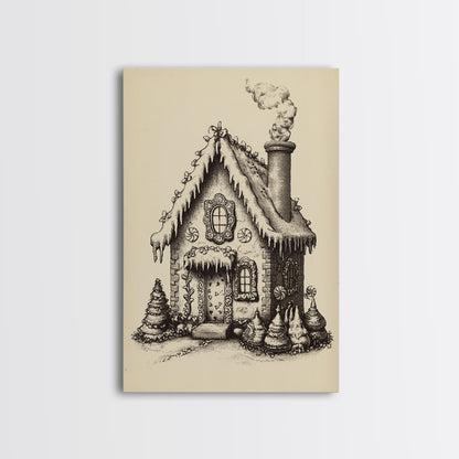 Vintage Gingerbread House Canvas Print - Framed Canvas - Minimalist Christmas Art - Boho Christmas Art - Rustic Christmas Art
