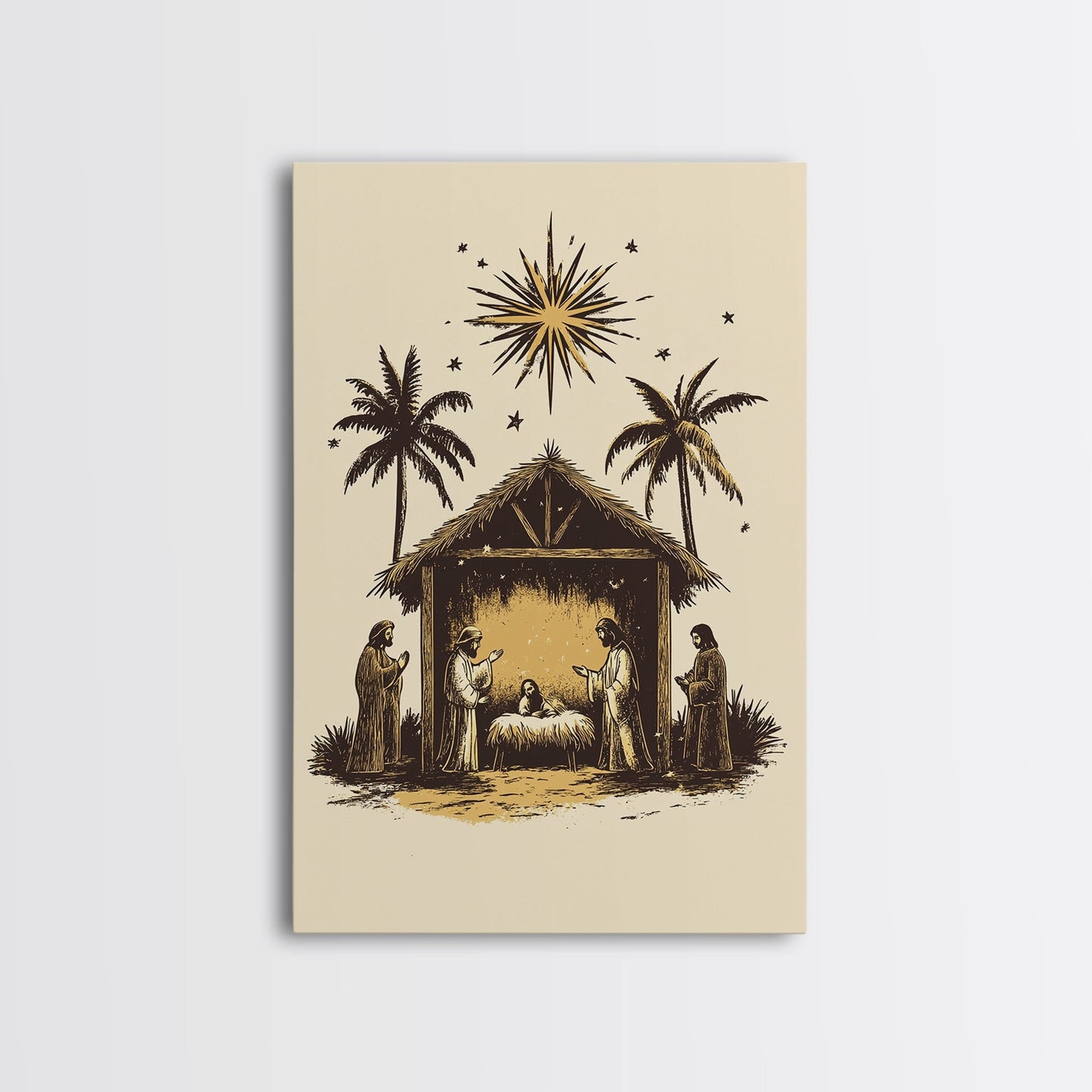 Vintage Nativity Scene Canvas Print - Framed Canvas - Minimalist Christmas Art - Boho Christmas Art - Rustic Christmas Art