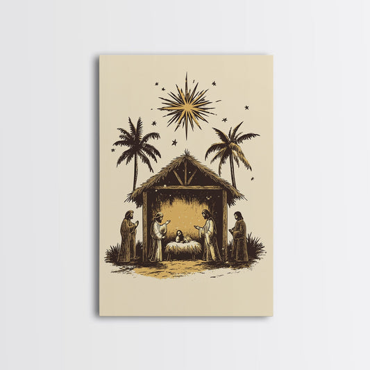 Vintage Nativity Scene Canvas Print - Framed Canvas - Minimalist Christmas Art - Boho Christmas Art - Rustic Christmas Art