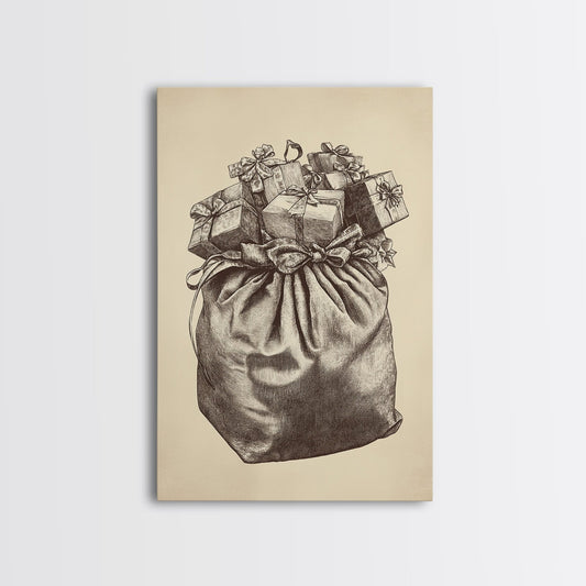 Santa's Gift Bag Canvas Print - Framed Canvas - Minimalist Christmas Art - Boho Christmas Art - Rustic Christmas Art