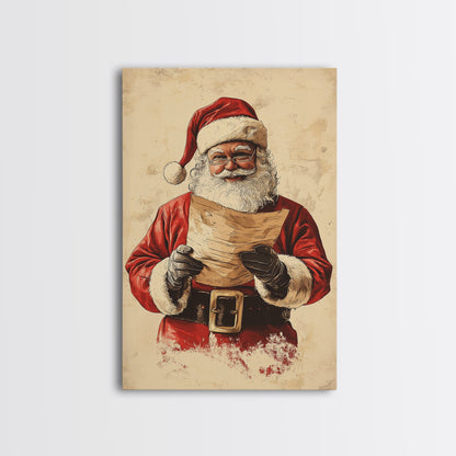 Santa Reading His List Canvas Print - Framed Canvas - Minimalist Christmas Art - Boho Christmas Art - Rustic Christmas Art