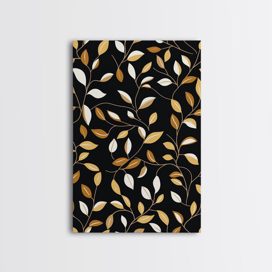 Ivy Leaves Framed Canvas Print, Mid Century Modern Pattern art, Botanical Print, Botanical Wall Art, Black Background