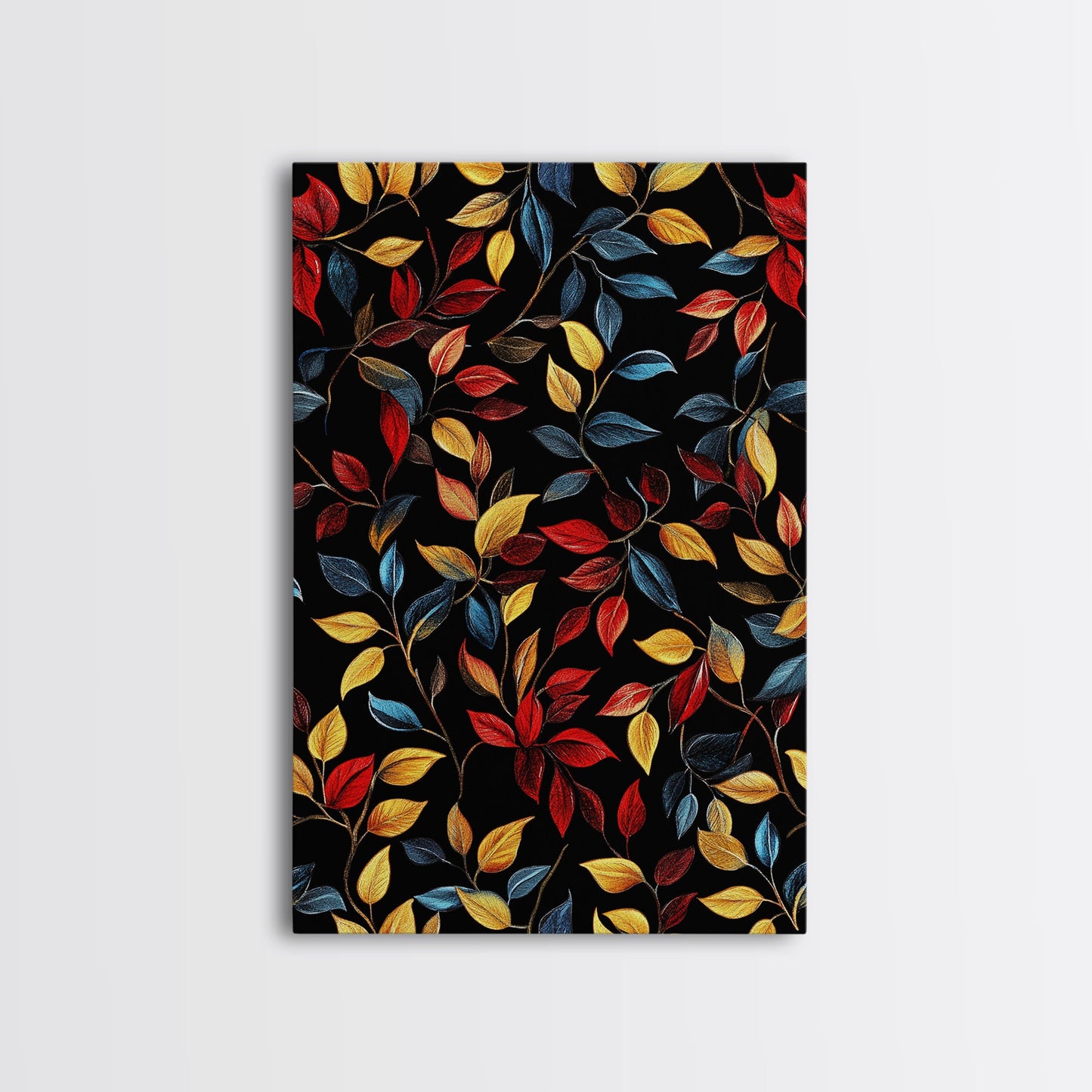 Botanical Fall Leaves Art Print On Canvas with Wood Frame, Black Background, Retro Style Home Decor