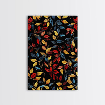 Botanical Fall Leaves Art Print On Canvas with Wood Frame, Black Background, Retro Style Home Decor