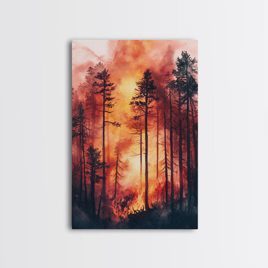Ready to Hang Watercolor Painting Print of a Forest Fire, Beautiful Wall Art, Forest Fire Natural Disaster Wall Art, California Wall Art