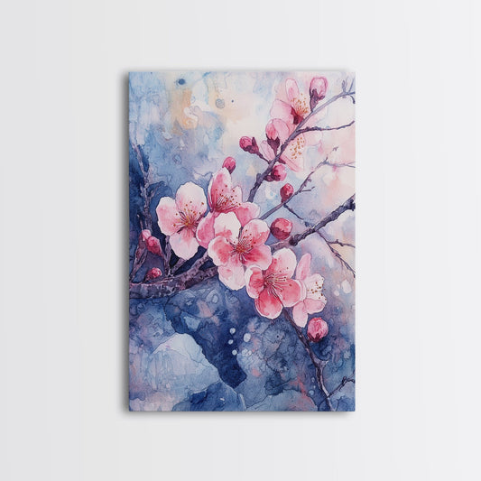 Cherry Blossoms Wall Art, Framed Canvas Print, Ready To Hang, Boho Decor, Minimalist Cherry Blossom Painting, Home Decor Living Room