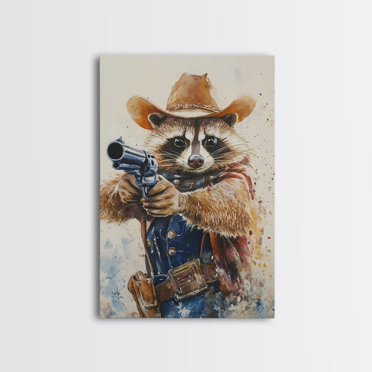 Rootin' Tootin' Racoon Cowboy, Framed Canvas Print, Ready to Hang, Racoon Painting