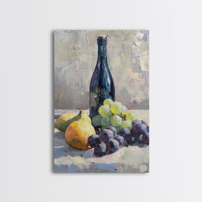 Still Life Of Grapes and Wine, Framed Canvas Print, Antique Style Fruit Still Life Oil Painting Print, Kitchen Decor, Rustic Farmhouse Kitchen Art